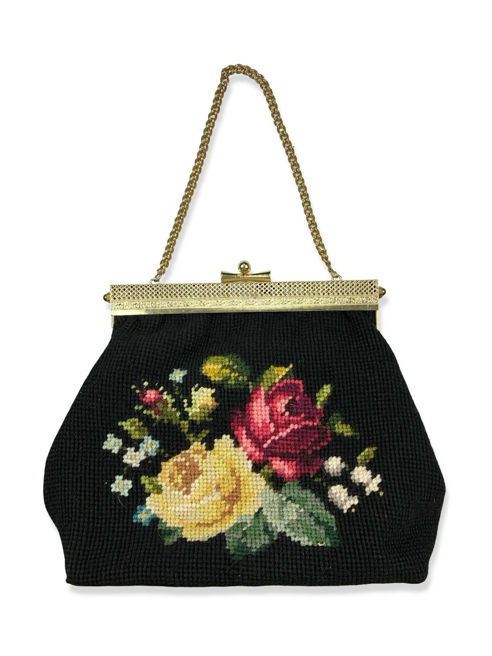 Vintage Black Floral Tapestry Needlepoint Handbag Purse